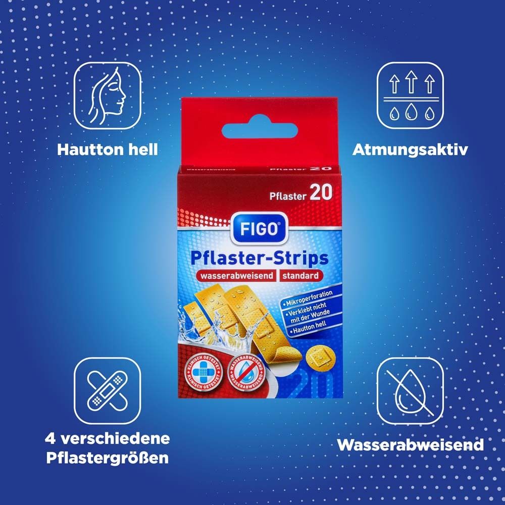 Emballage Figo Pflaster-Strips, 20 pièces, résistant à l'eau, standard, couleur chair, respirant.