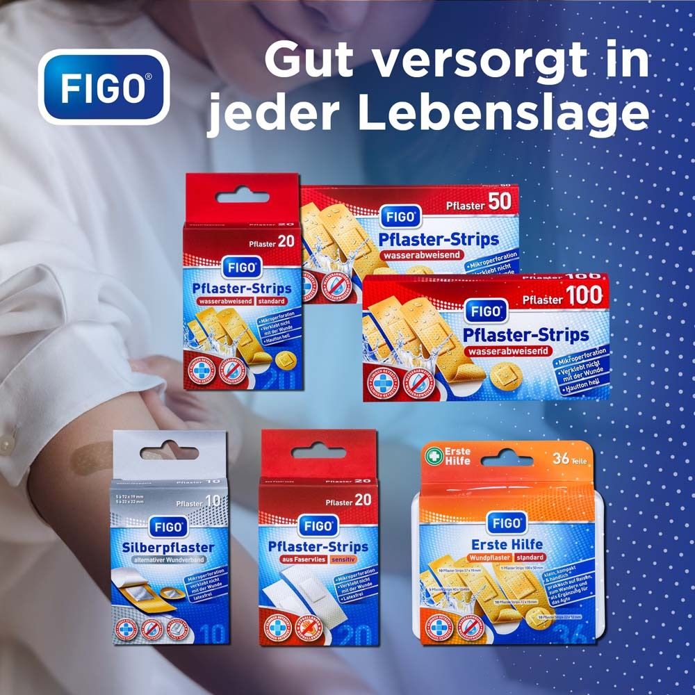 Emballage Figo Pflaster-Strips, 50 pièces, résistant à l'eau, standard, couleur chair, respirant.