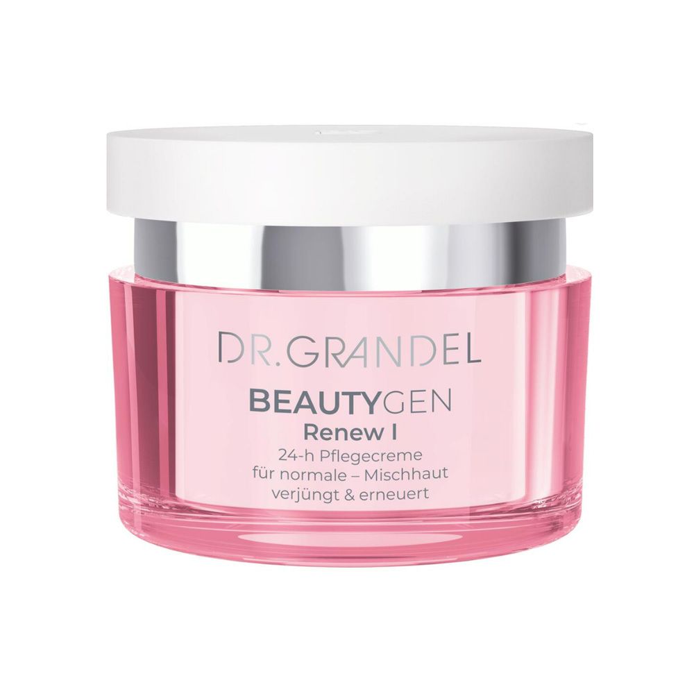 Pot rose avec couvercle blanc. Inscription: DR. GRANDEL BEAUTYGEN Renew I. Crème de soin 24h.