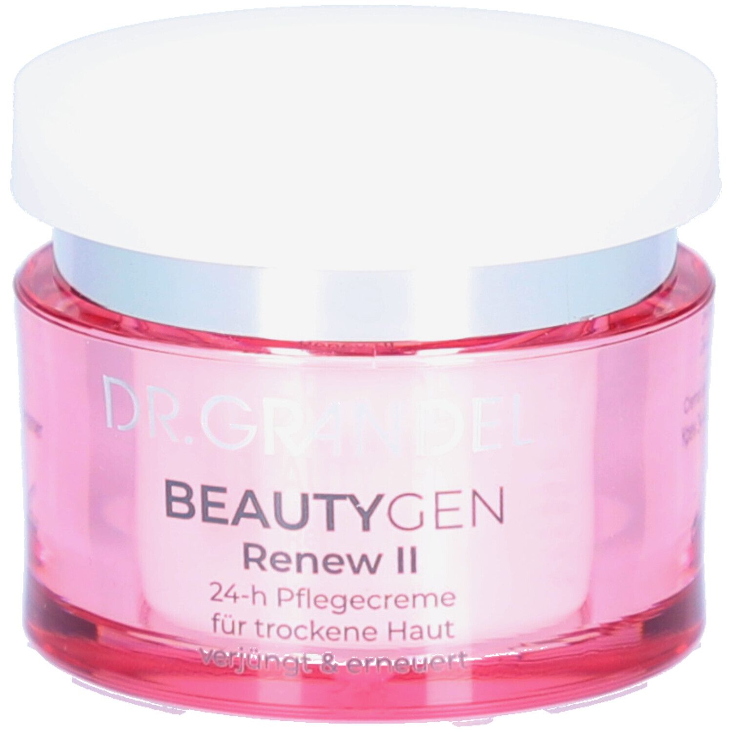 Roze pot met witte deksel. Opschrift: DR. GRANDEL BEAUTYGEN Renew II. 24-uurs crème voor droge huid.