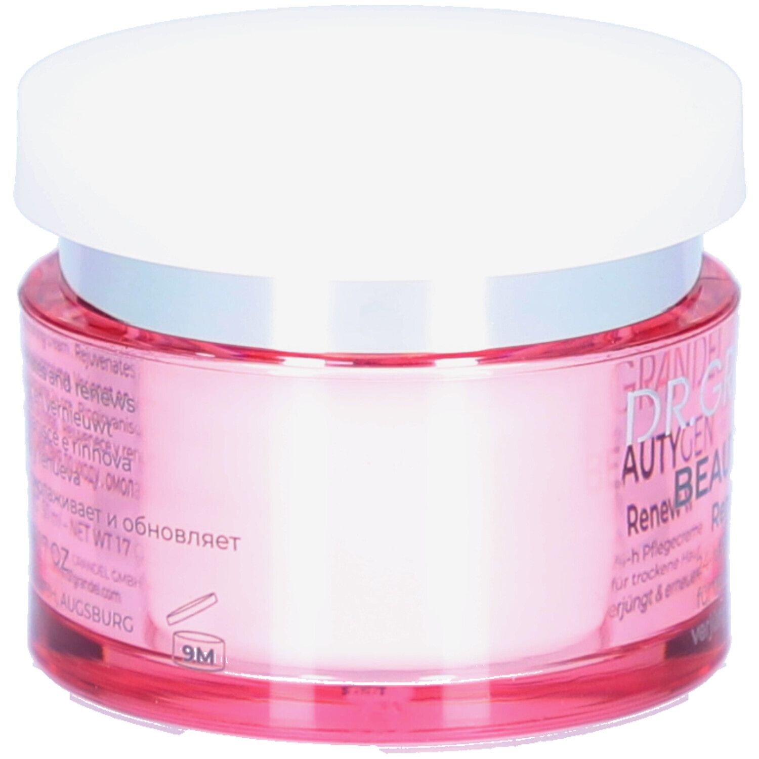 Roze pot met witte deksel. Opschrift: DR. GRANDEL BEAUTYGEN Renew II. Tekst in meerdere talen.