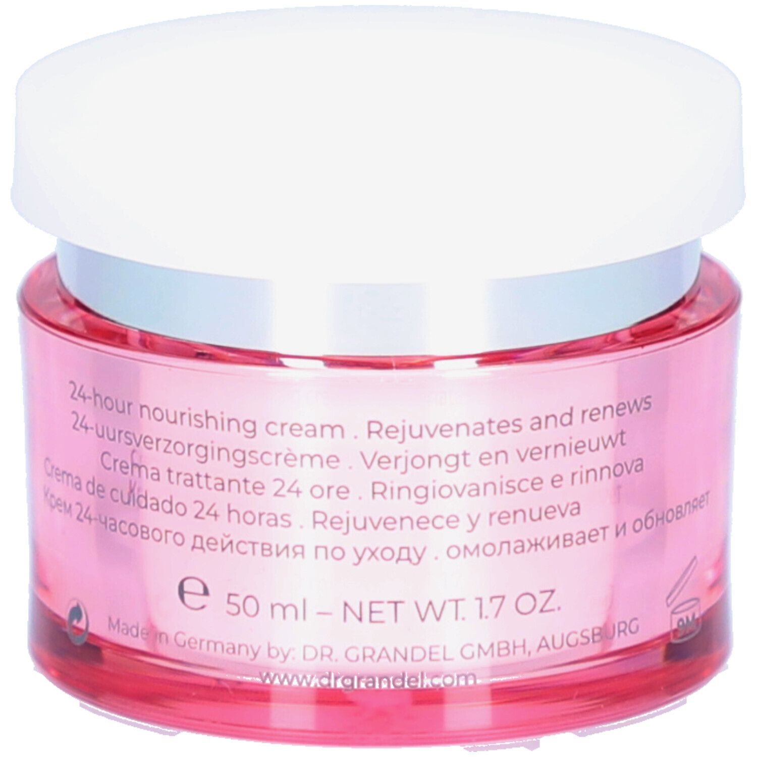 Roze pot met witte deksel. Opschrift: DR. GRANDEL BEAUTYGEN Renew II. Tekst in meerdere talen. 50 ml.
