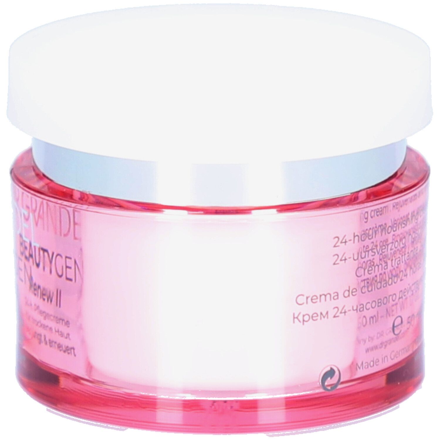 Roze pot met witte deksel. Opschrift: DR. GRANDEL BEAUTYGEN Renew II. Tekst in meerdere talen.