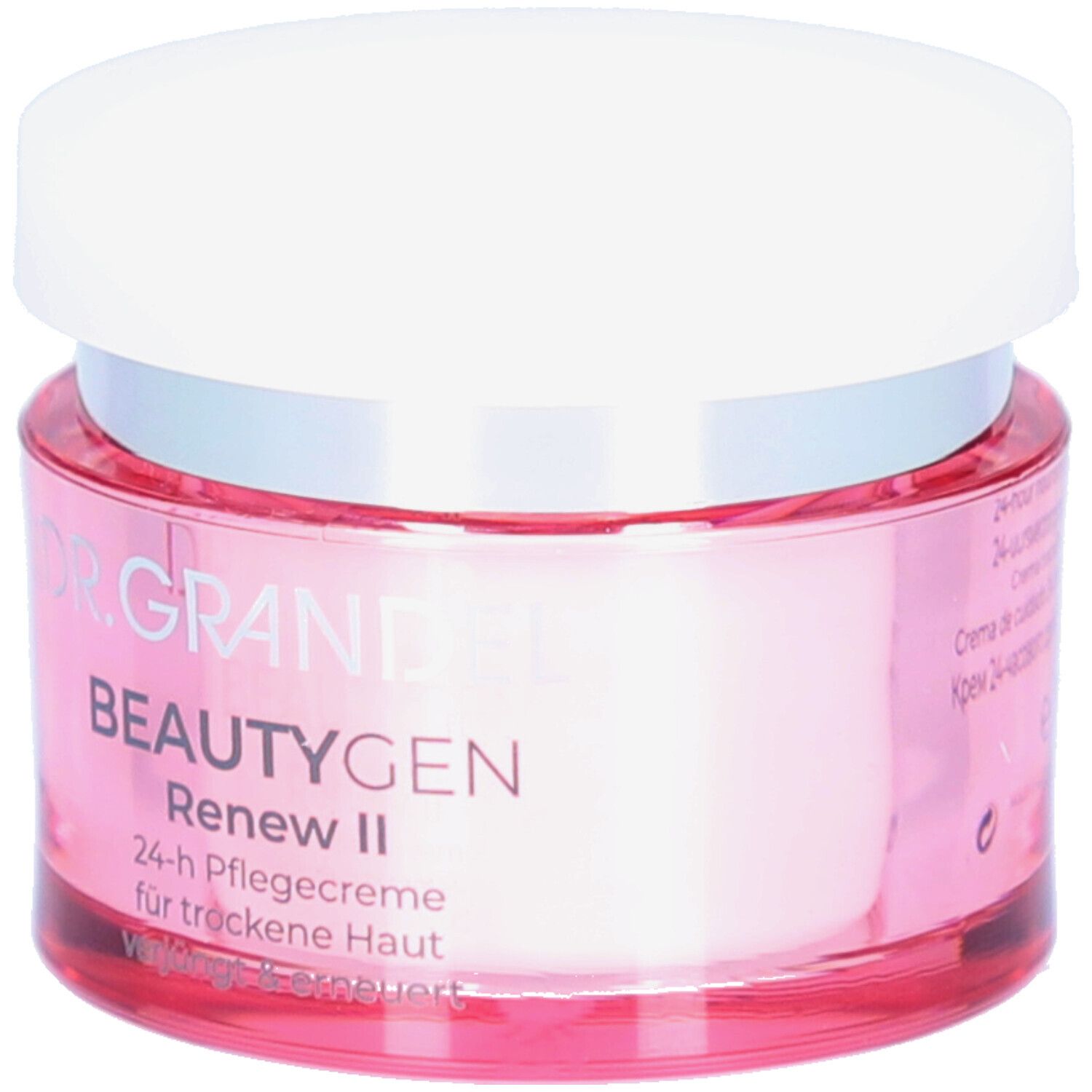 Roze pot met witte deksel. Opschrift: DR. GRANDEL BEAUTYGEN Renew II. 24-uurs crème voor droge huid.