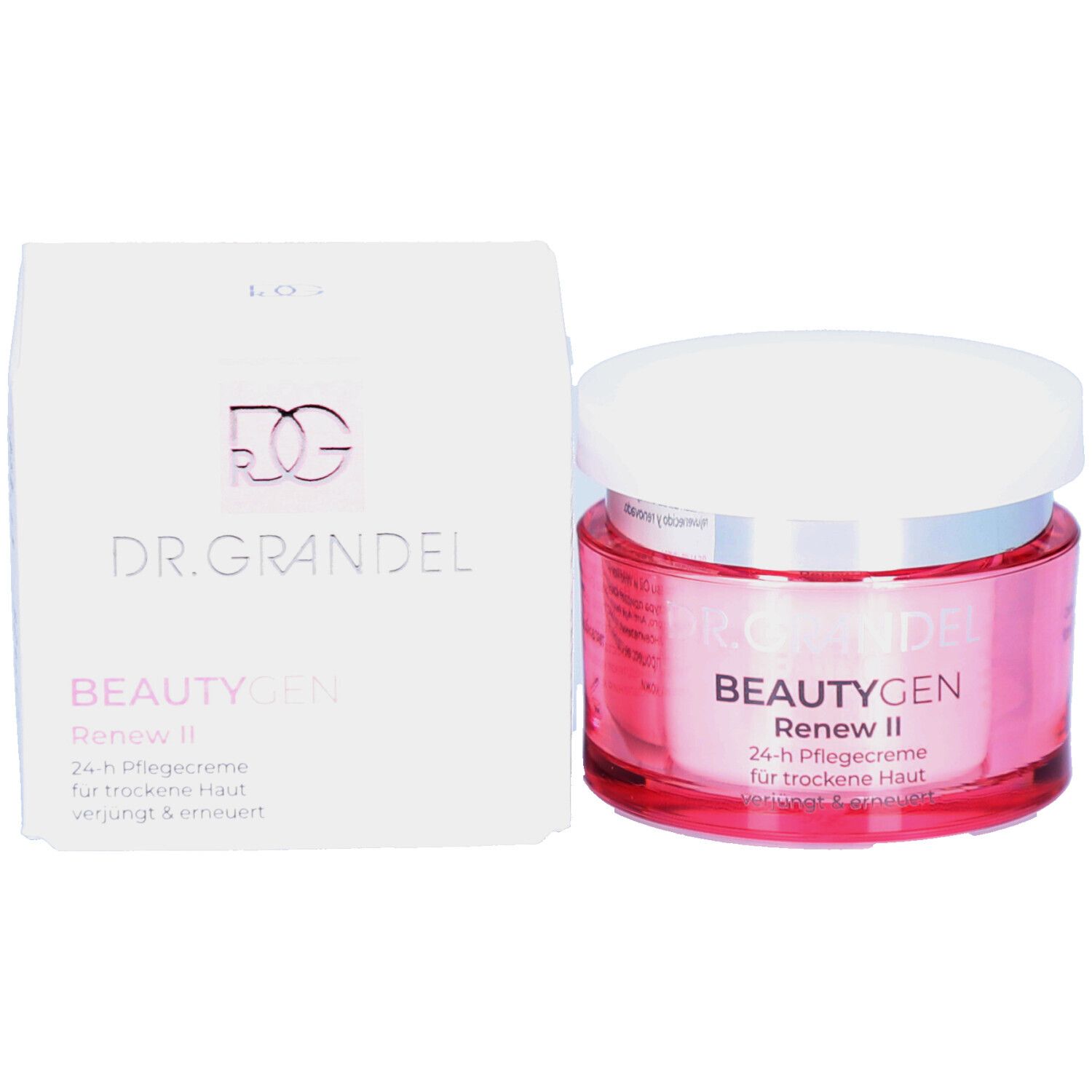 Productverpakking en pot. Opschrift: DR. GRANDEL BEAUTYGEN Renew II. 24-uurs crème voor droge huid.