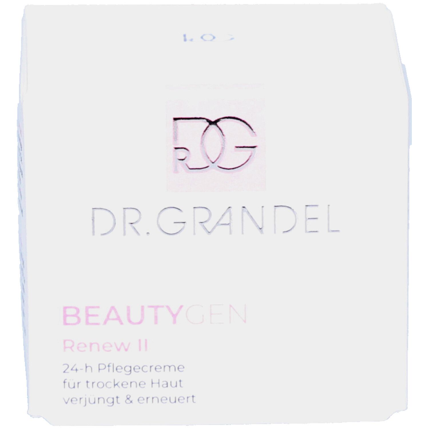 Productverpakking. Opschrift: DR. GRANDEL BEAUTYGEN Renew II. 24-uurs crème voor droge huid.