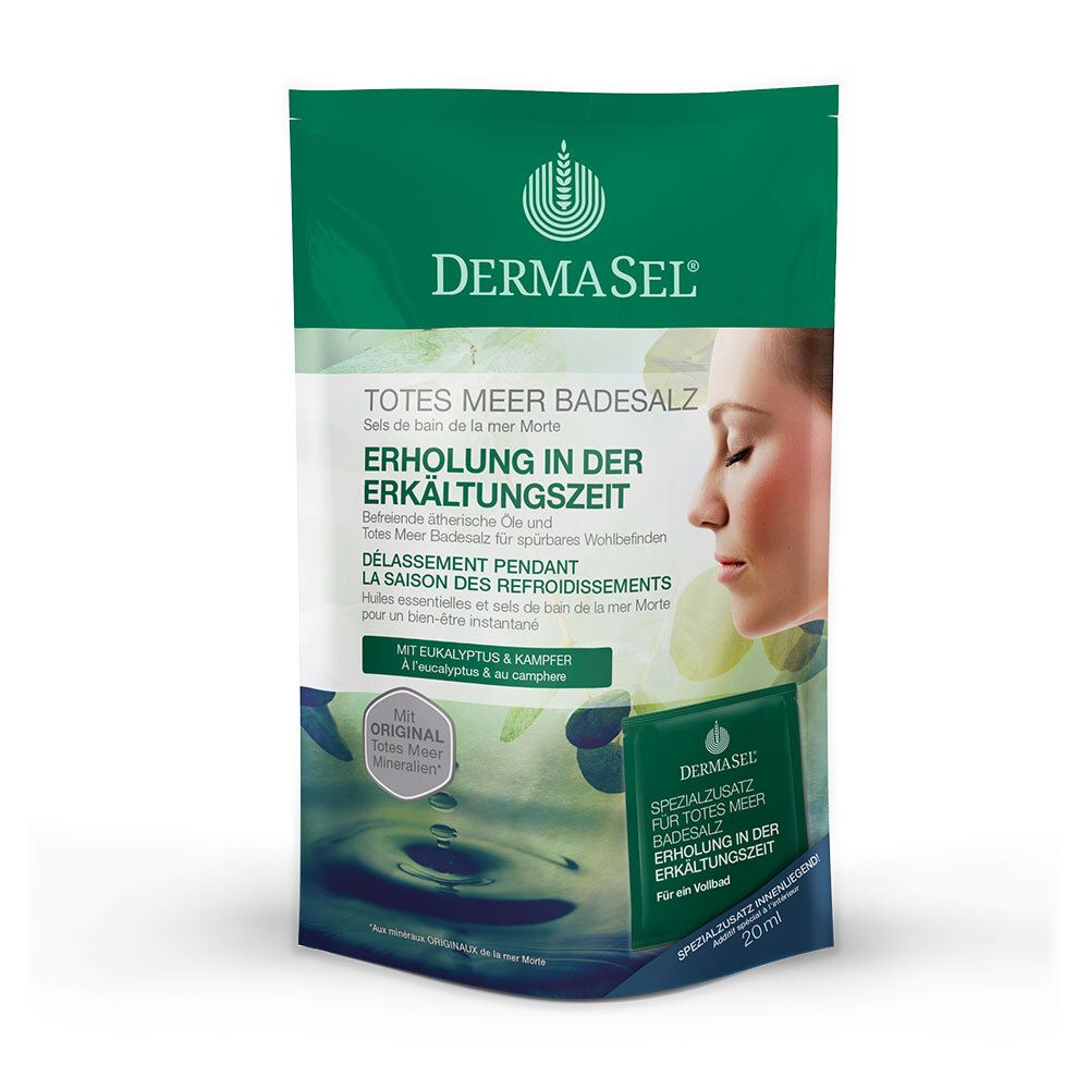 DERMASEL® SPA badzoutzakje. Groen-witte verpakking. Tekst: Herstel in de verkoudheidstijd. Vrouwengezicht. Klein zakje.