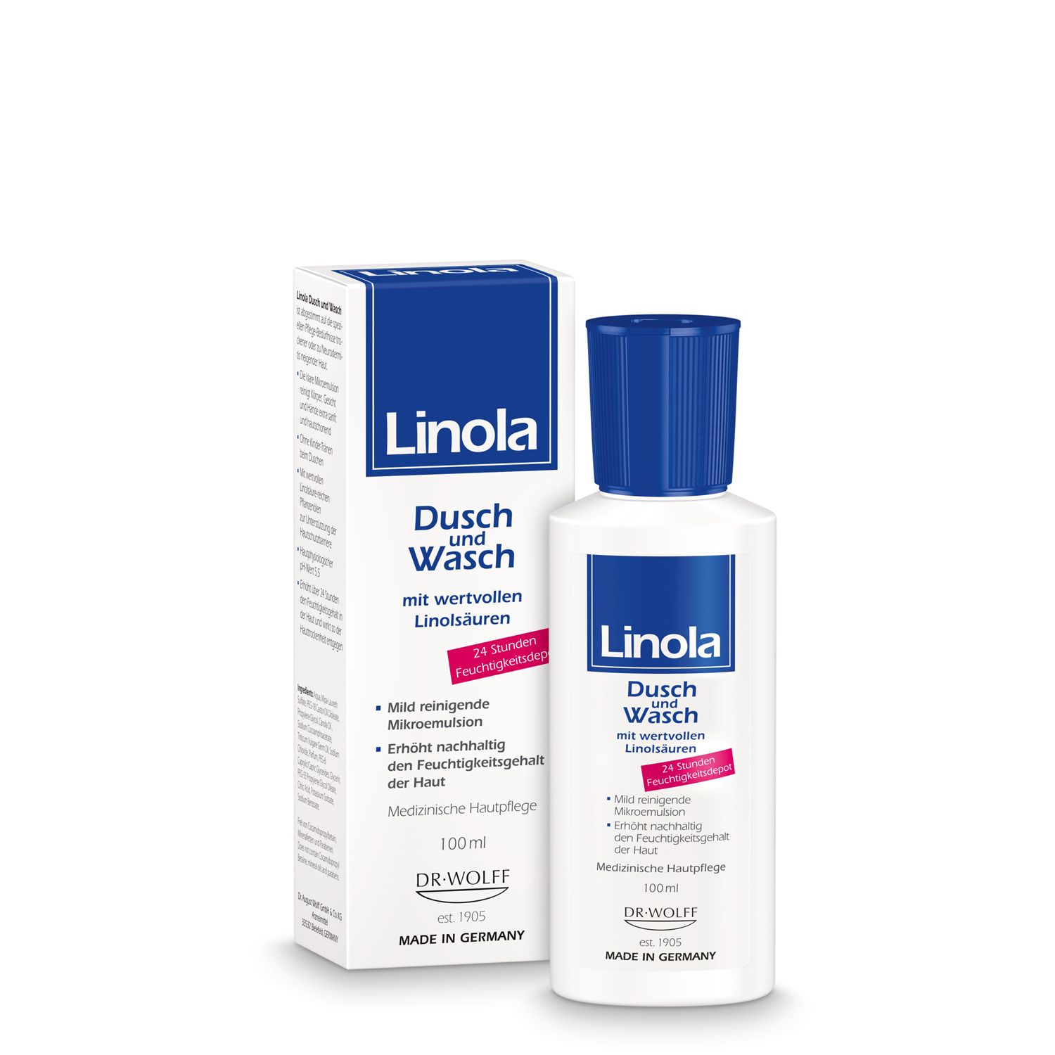 Gel douche Linola Dusch und Wasch et emballage. Bouteille à bouchon bleu et étiquette blanche. Boîte à couvercle bleu.