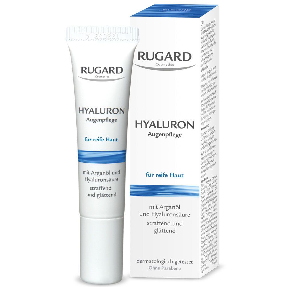Oogverzorging tube en verpakking. Tube met witte dop, opschrift RUGARD, HYALURON Augenpflege. Verpakking met productinformatie.