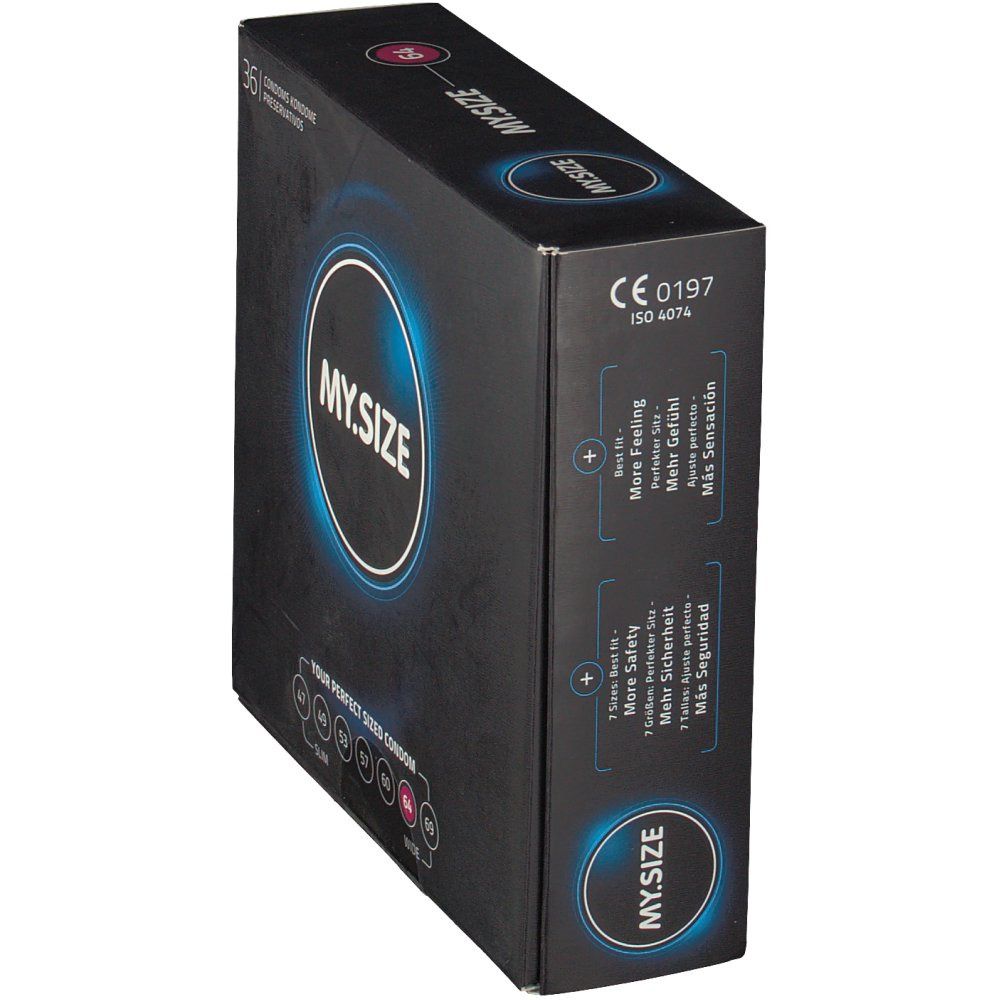 MY.SIZE 64 condoomverpakking, zijkant met CE 0197 en ISO 4074 certificering.
