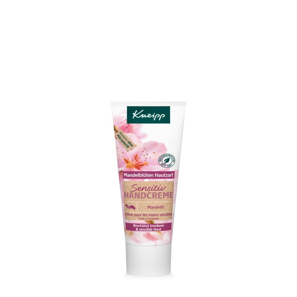 Handcrèmetube met bloemmotief. Opschrift: Kneipp, Mandelblüten Hauchzart Sensitiv Handcreme. Voor droge en gevoelige huid.