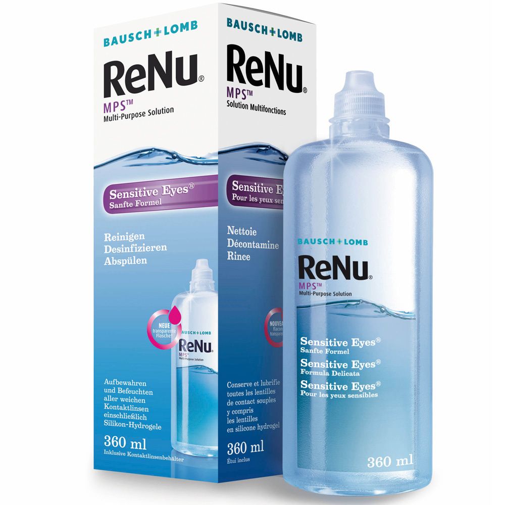 ReNu MPS Sensitive Eyes® oplossing en verpakking. Fles en doos met productnaam, ingrediënten en volume.