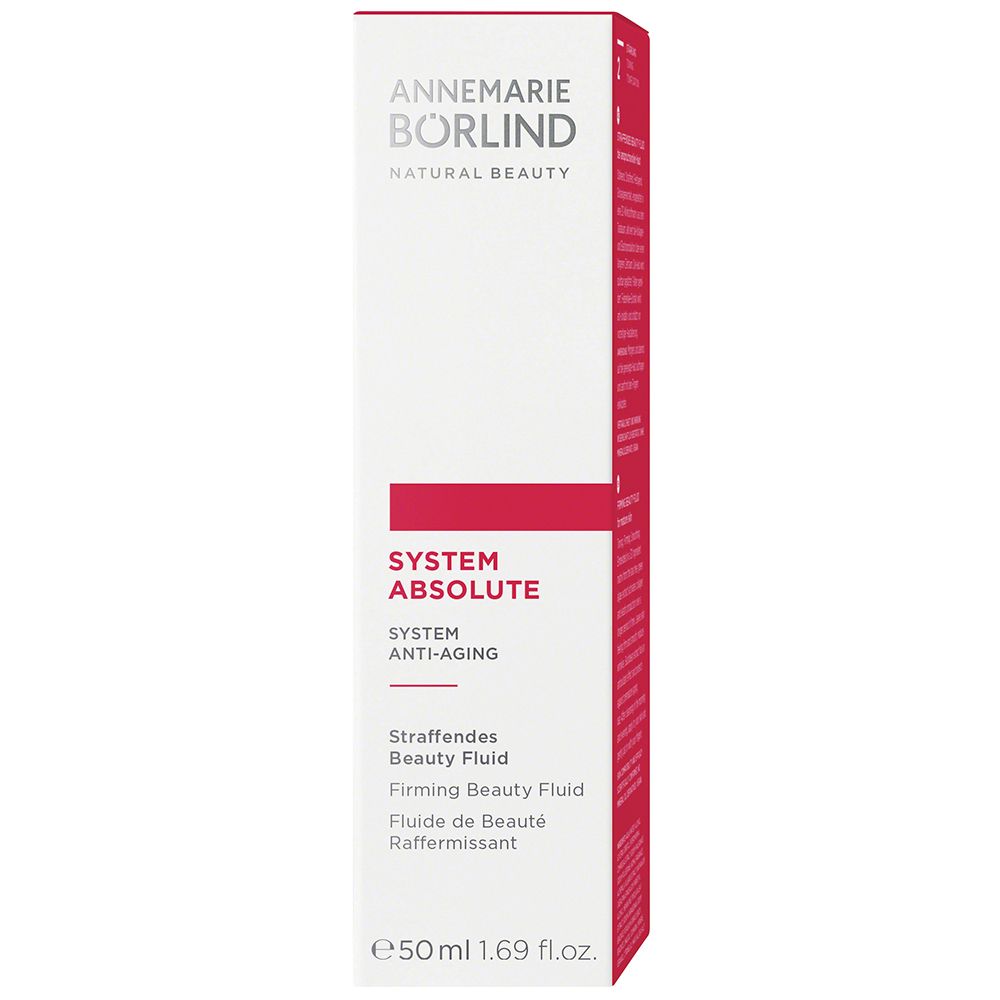 Verpakking van ANNEMARIE BÖRLIND. Witte doos met rode streep. Opschrift: SYSTEM ABSOLUTE, Straffendes Beauty Fluid.