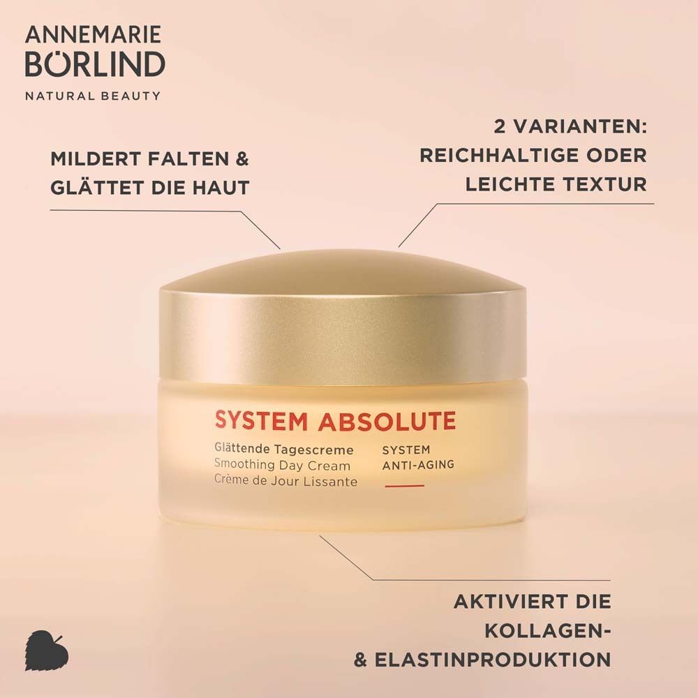 Crèmepot met tekst. Opschrift: SYSTEM ABSOLUTE, Glättende Tagescreme, Smoothing Day Cream, Crème de Jour Lissante, ANTI-AGING.