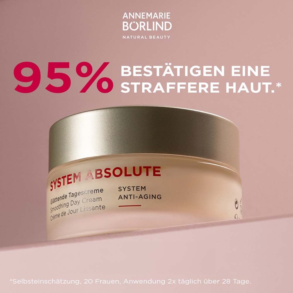 Crèmepot. Opschrift: SYSTEM ABSOLUTE, Glättende Tagescreme, Smoothing Day Cream, Crème de Jour Lissante, ANTI-AGING.