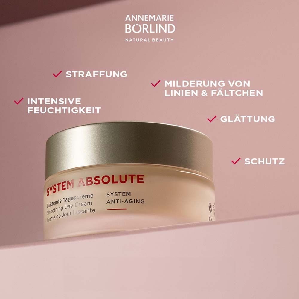 Crèmepot. Opschrift: SYSTEM ABSOLUTE, Glättende Tagescreme, Smoothing Day Cream, Crème de Jour Lissante, ANTI-AGING.