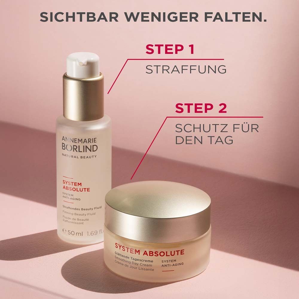 Crèmepot en fles. Opschrift: SYSTEM ABSOLUTE, Glättende Tagescreme, Smoothing Day Cream, Crème de Jour Lissante, 50ml.