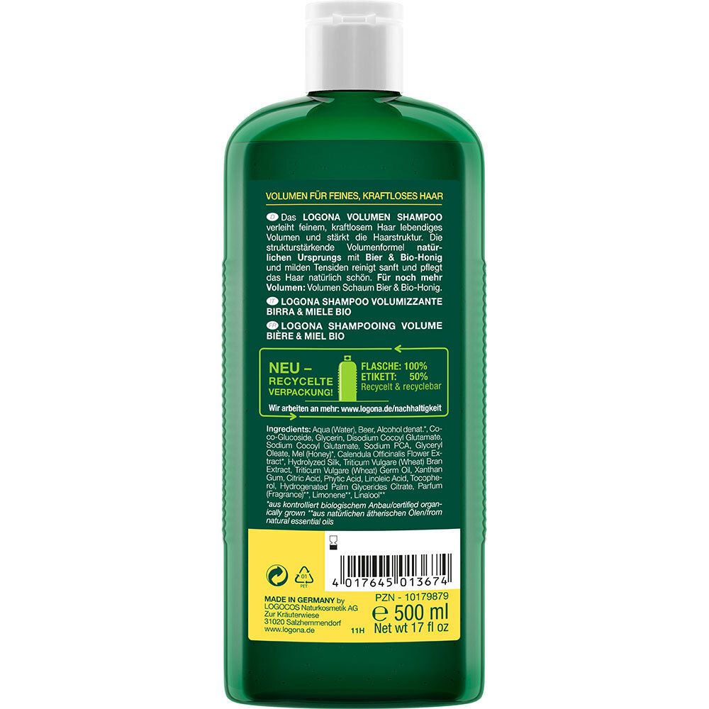 Dos du flacon de shampooing vert. Informations textuelles, ingrédients, logo et indication de recyclage. Volume pour cheveux fins et sans tonus.