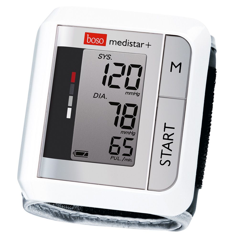 Witte polsbloeddrukmeter. Digitale display met waarden. Zwarte armband. Merk: boso medistar+.