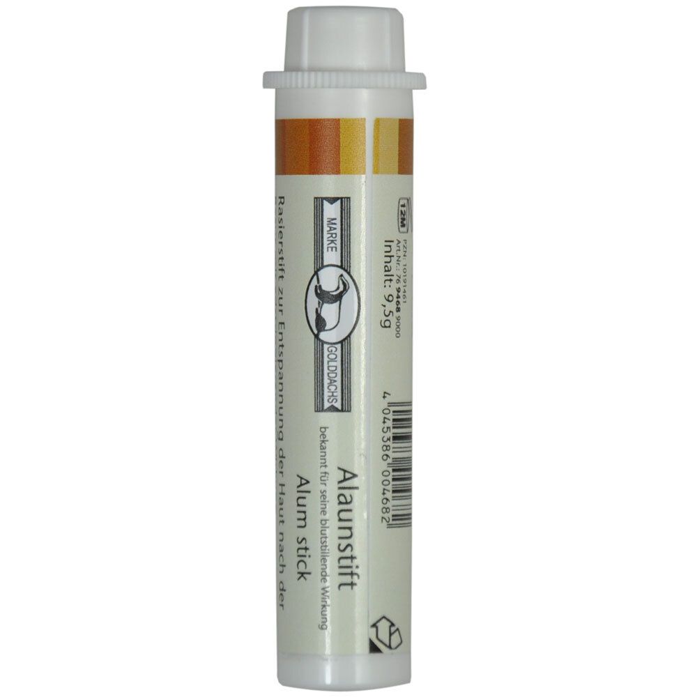 Aluin-stift met beschermhoes. Cilindrisch, wit-bruin. Tekst: Alaunstift, 9,5g. Merk: GOLDDACHS.