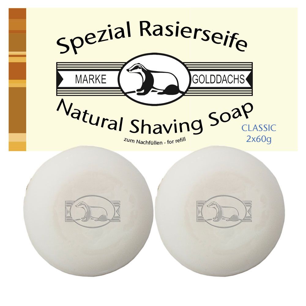 Deux savons à raser ronds. Logo de blaireau sur chaque savon. En haut : logo et texte 'Spezial Rasierseife'.