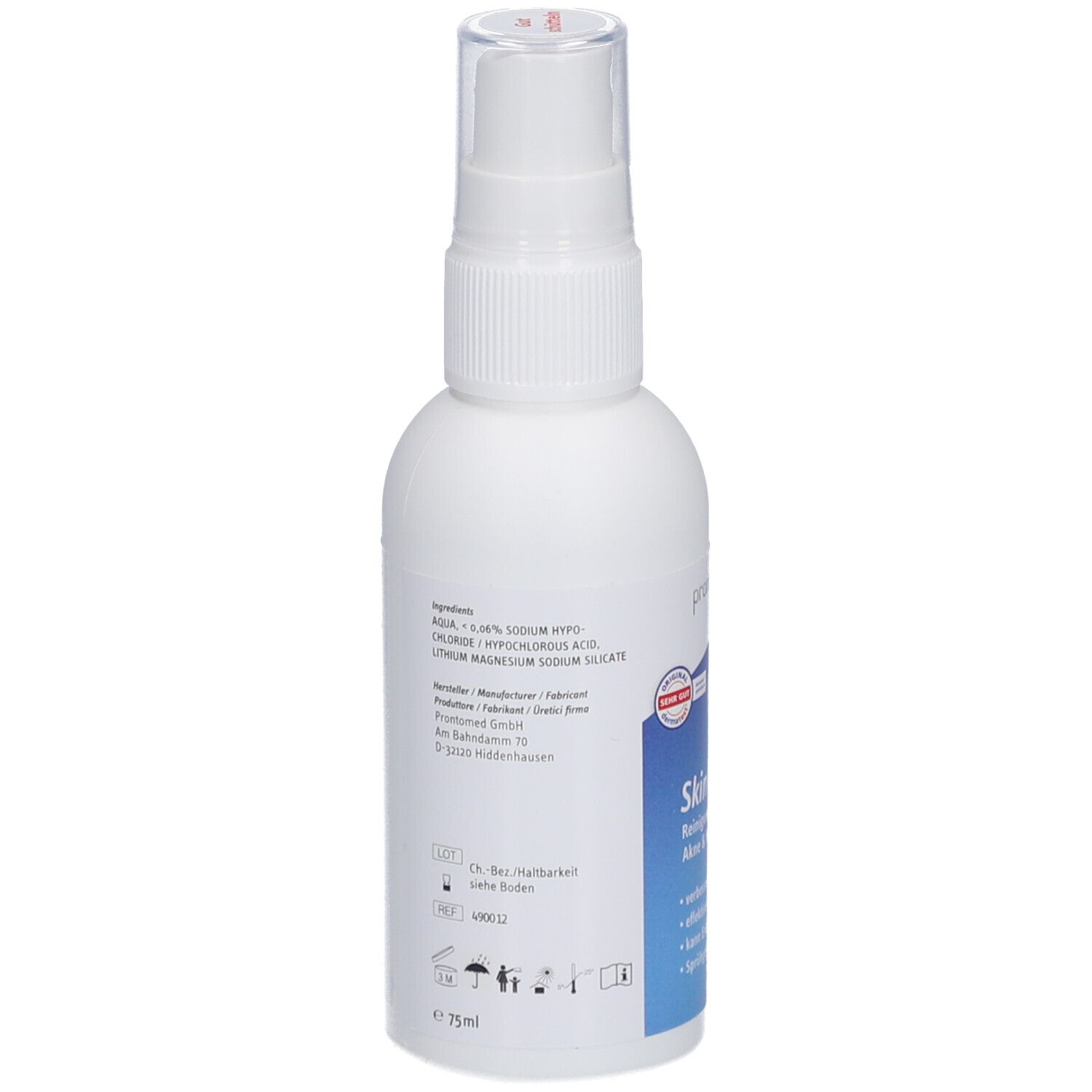 Flacon pulvérisateur blanc avec texte bleu. Contient, entre autres, Aqua, hypochlorite de sodium, silicate de lithium et magnésium. Volume : 75 ml. Marque : prontomed.