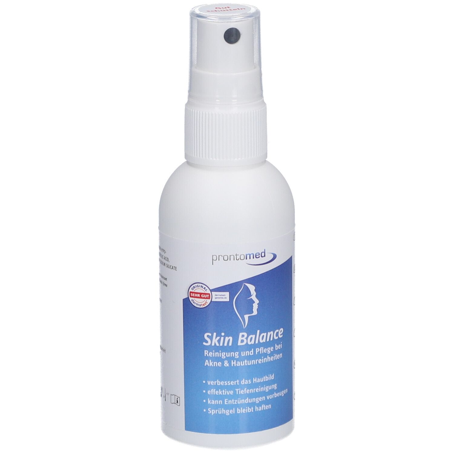 Flacon pulvérisateur blanc avec étiquette bleue. Inscription : Skin Balance, nettoyage et soin pour l'acné et les imperfections cutanées. Marque : prontomed.