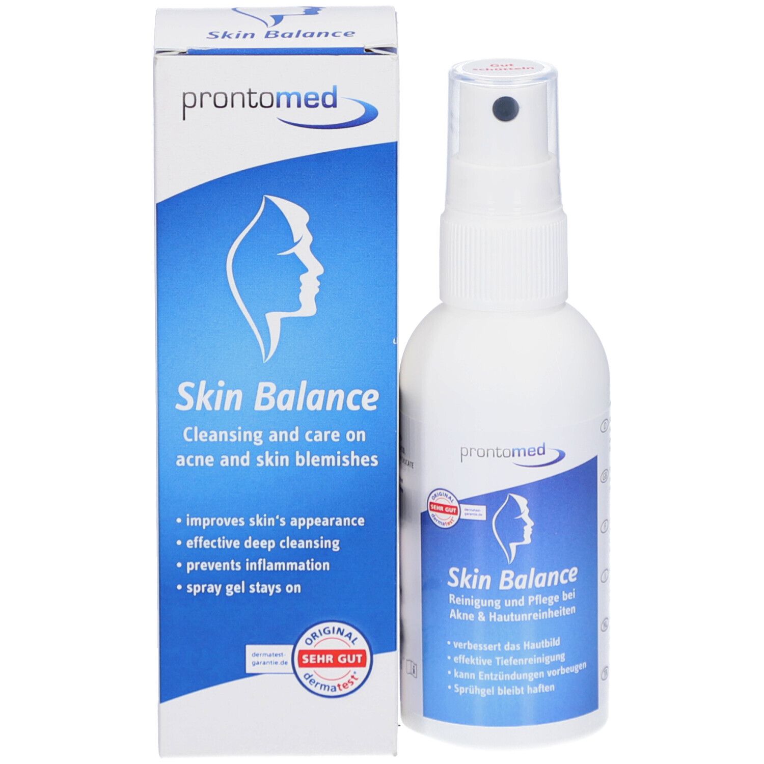 Emballage du produit et flacon pulvérisateur. Emballage : blanc et bleu, inscription Skin Balance. Flacon : blanc, étiquette bleue, marque prontomed.