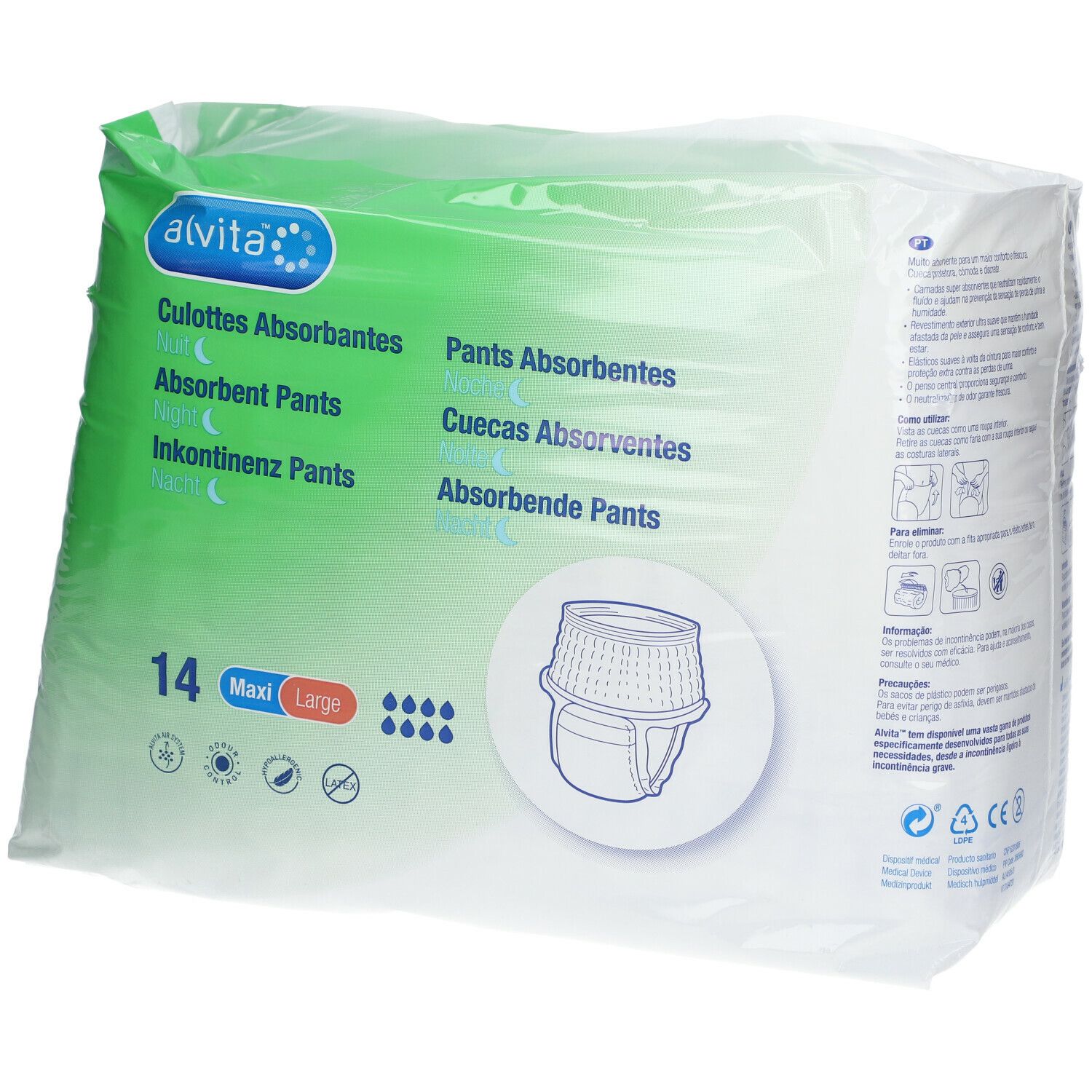 Paquet de culottes absorbantes Alvita. Inscription: 14 Maxi Large. Illustration d'une culotte. Emballage plastique transparent.