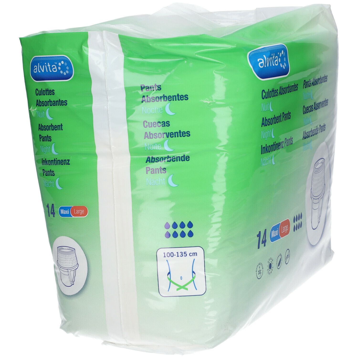 Paquet de culottes absorbantes Alvita. Inscription: 14 Maxi Large. Illustration d'une culotte. Taille: 100-135 cm.