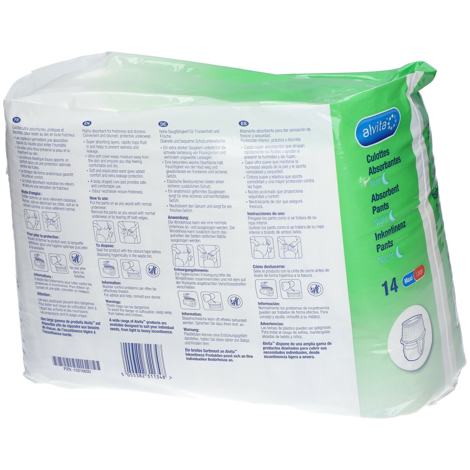 Dos du paquet de culottes absorbantes. Texte multilingue. Illustrations d'utilisation. Marque Alvita.