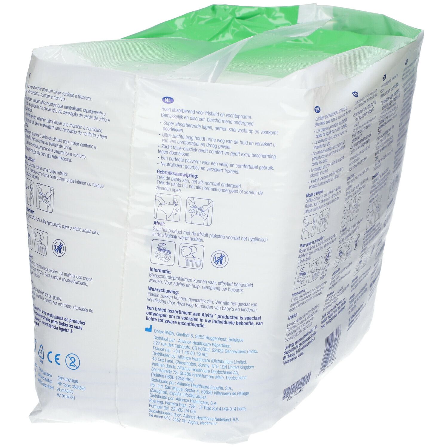 Dos du paquet de culottes absorbantes. Texte multilingue. Illustrations d'utilisation.