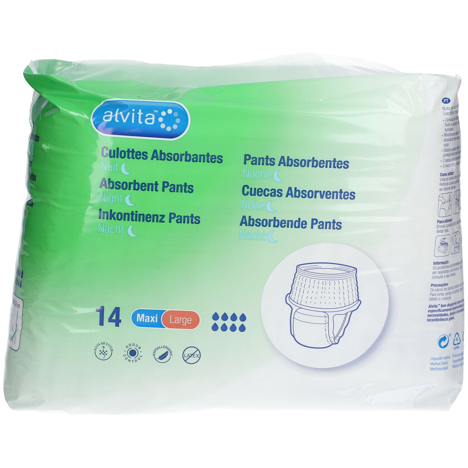 Paquet de culottes absorbantes Alvita. Inscription: 14 Maxi Large. Illustration d'une culotte. Transparent.