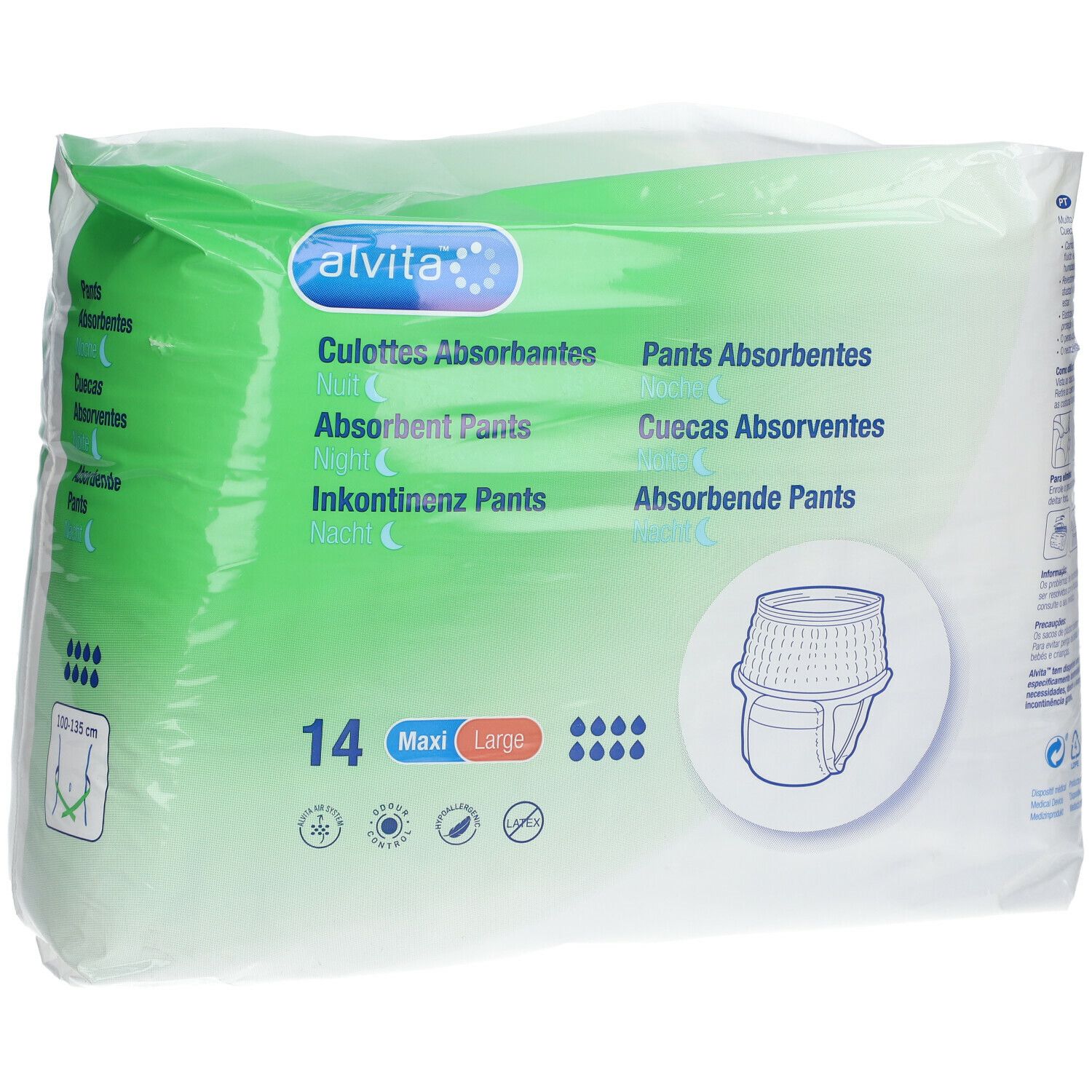 Paquet de culottes absorbantes Alvita. Inscription: 14 Maxi Large. Illustration d'une culotte. Transparent.