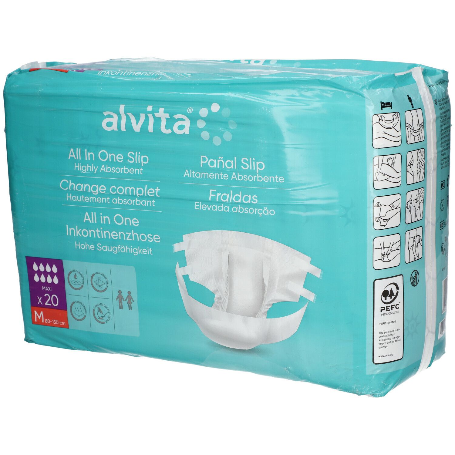 Emballage de alvita® All-in-One Inkontinenzhosen Maxi Medium Nacht. Emballage turquoise et blanc avec image du produit et texte.