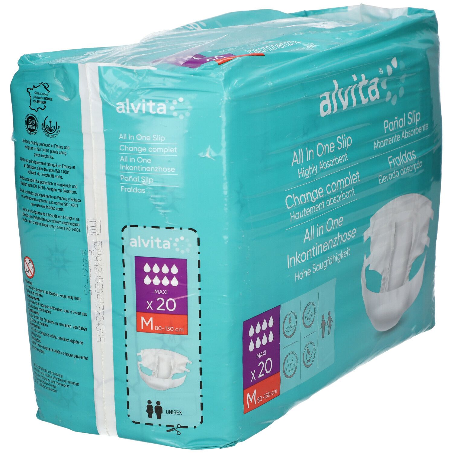 Emballage de alvita® All-in-One Inkontinenzhosen Maxi Medium Nacht. Emballage turquoise et blanc avec image du produit et texte.