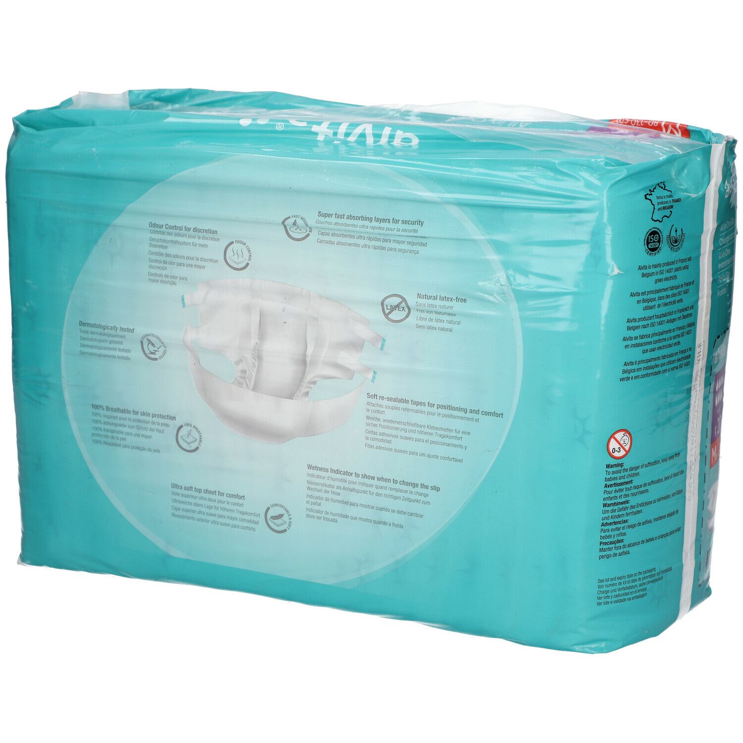 Dos de l'emballage de alvita® All-in-One Inkontinenzhosen Maxi Medium Nacht. Turquoise avec informations et pictogrammes.