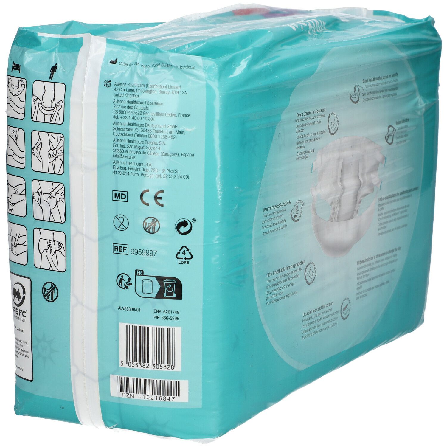 Dos de l'emballage de alvita® All-in-One Inkontinenzhosen Maxi Medium Nacht. Turquoise avec informations, marquage CE et pictogrammes.