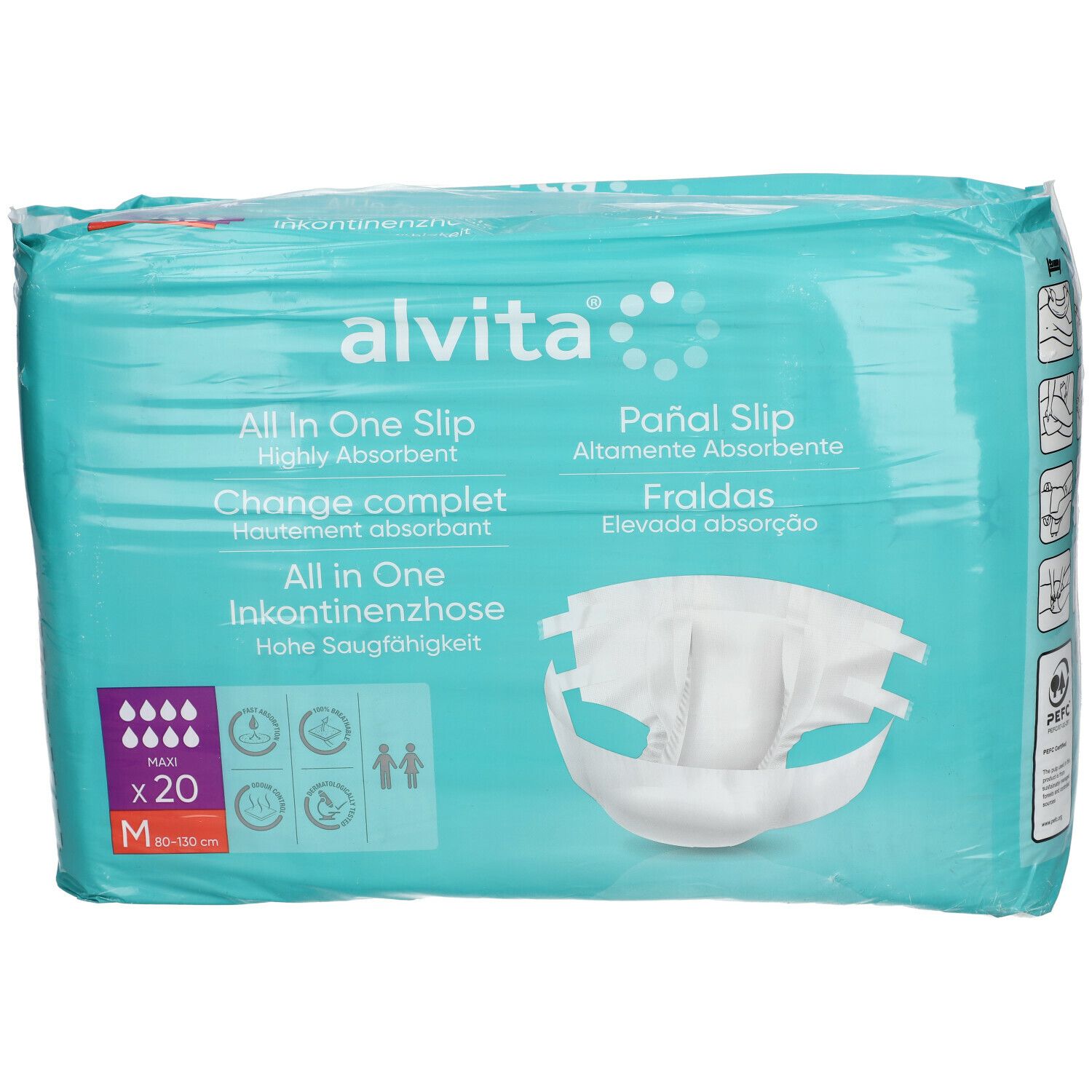 Emballage de alvita® All-in-One Inkontinenzhosen Maxi Medium Nacht. Emballage turquoise et blanc avec image du produit et texte.