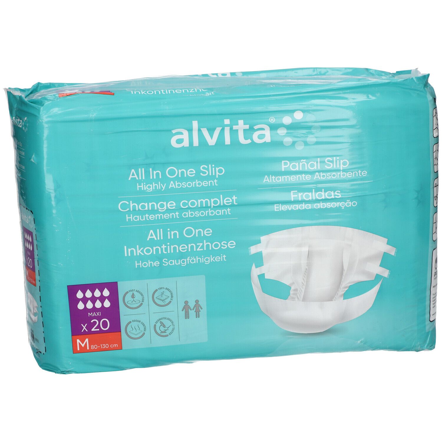 Emballage de alvita® All-in-One Inkontinenzhosen Maxi Medium Nacht. Emballage turquoise et blanc avec image du produit et texte.