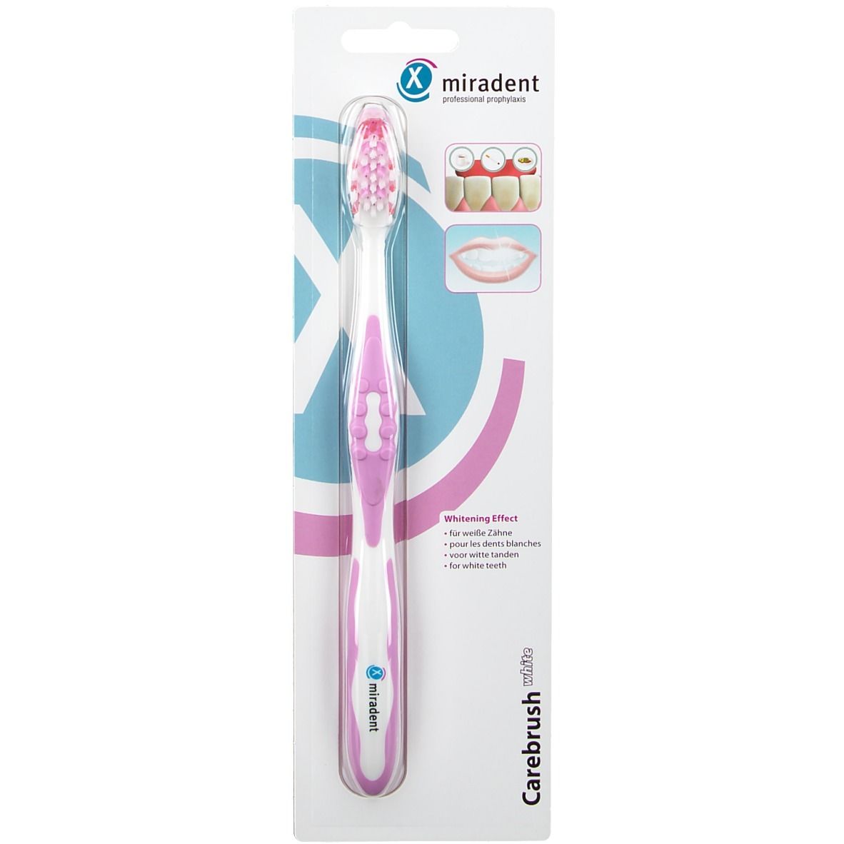 Miradent Carebrush tandenborstel, wit-roze, in verpakking. Roze borstelharen, witte handgreep en roze accenten. Whitening effect.
