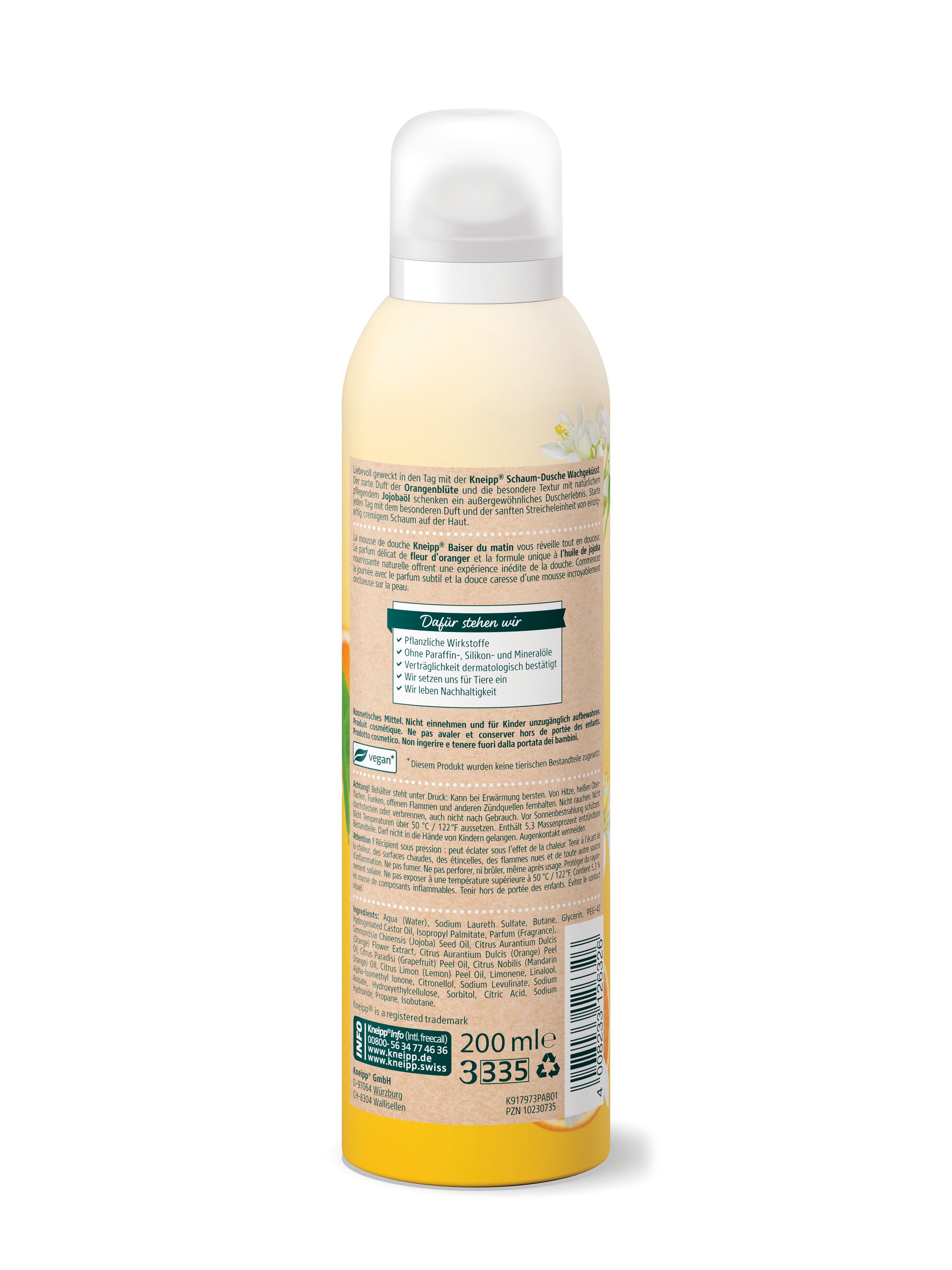 Achterkant van de gele fles. Tekst in het Duits. Bevat informatie over ingrediënten en certificeringen.