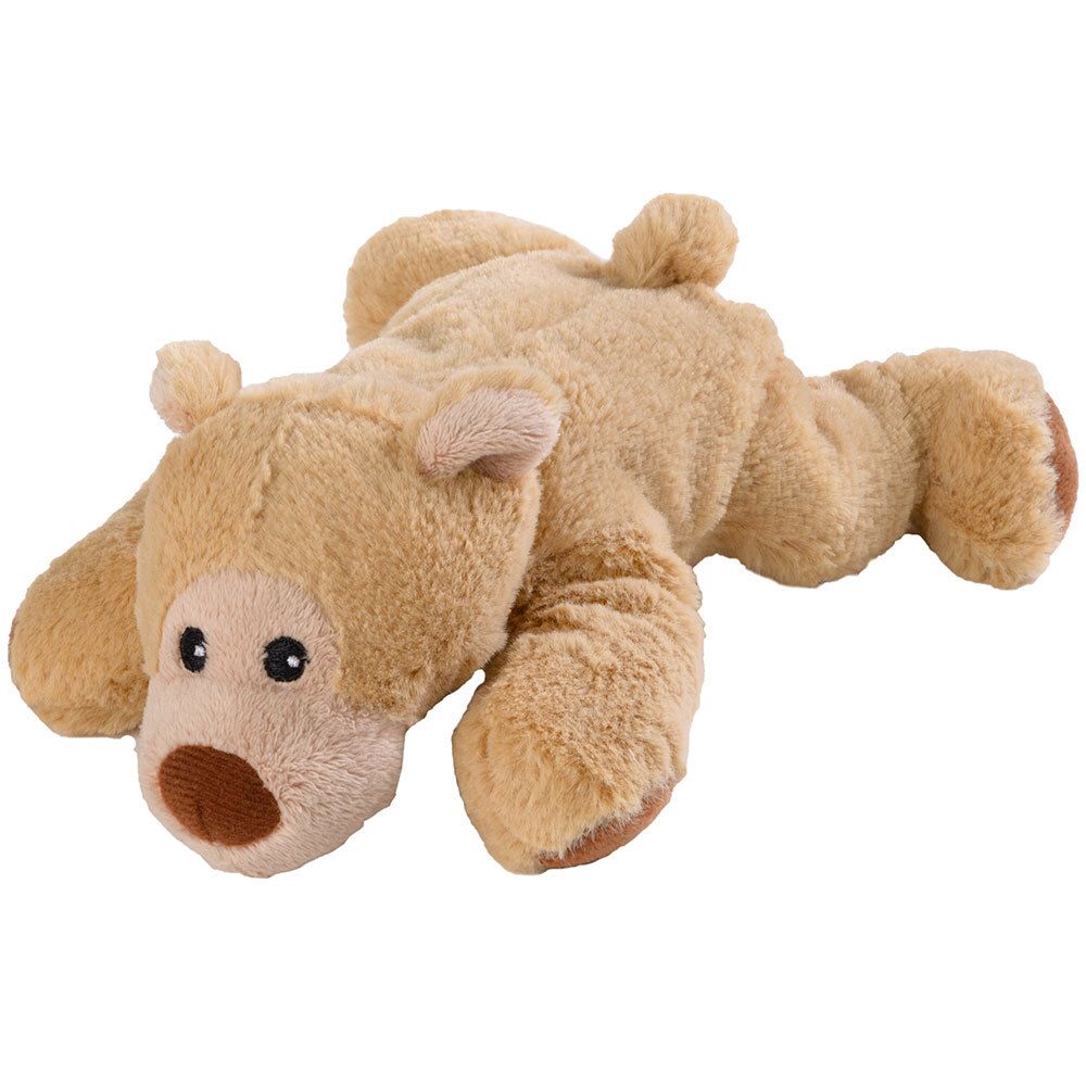 Beige knuffelbeer. Liggende positie. Bruine neus en ogen. Zacht materiaal.