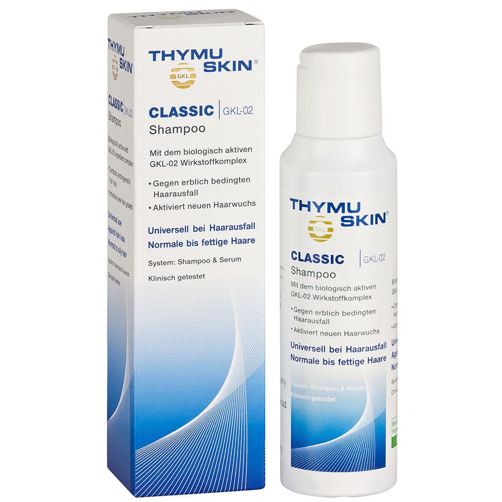 THYMUSKIN® CLASSIC Shampoo en verpakking. Witte shampoo met blauwe grafiek. Tekst: CLASSIC Shampoo, GKL-02.