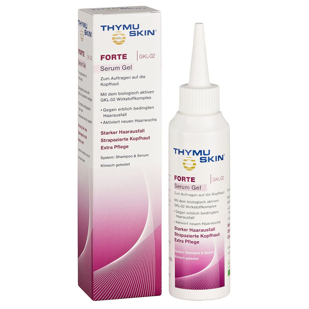 Flacon blanc de sérum-gel et boîte. Inscription : Thymuskin FORTE Serum Gel. Emballage rose et blanc.