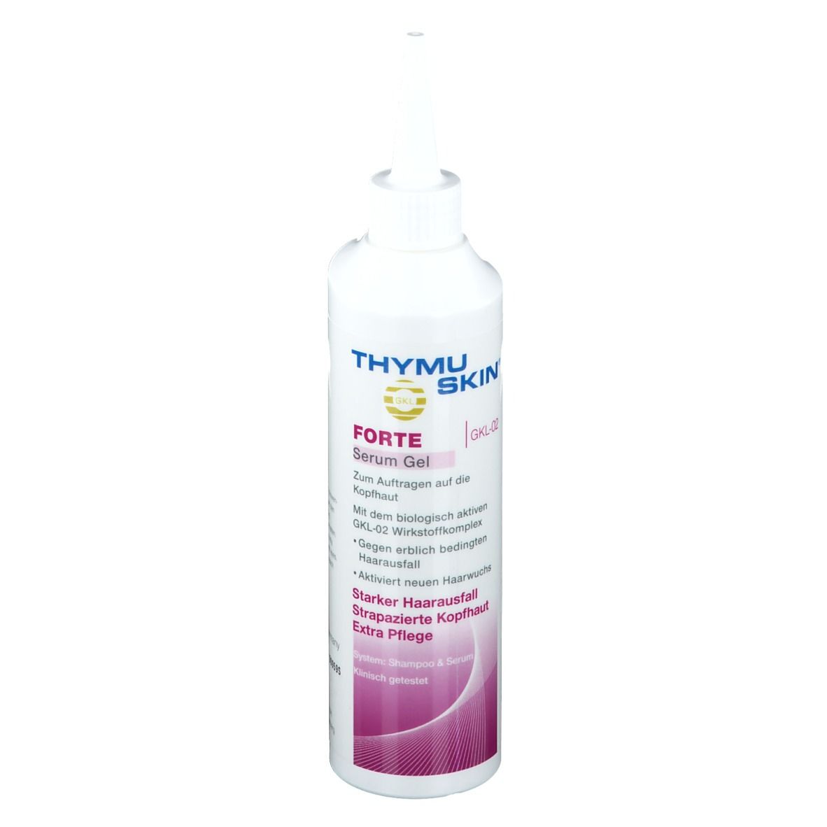 Flacon blanc de Thymuskin® FORTE Serum Gel avec embout doseur. Inscriptions et informations sur le produit visibles.