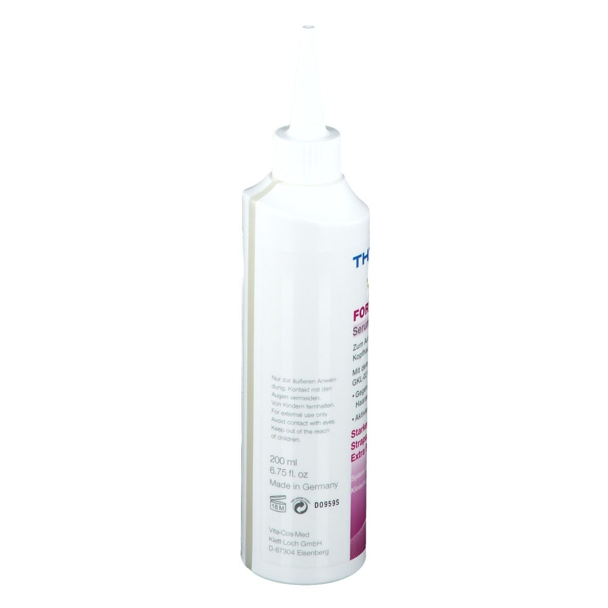 Flacon blanc de Thymuskin® FORTE Serum Gel avec embout doseur. Inscriptions et informations sur le produit visibles.