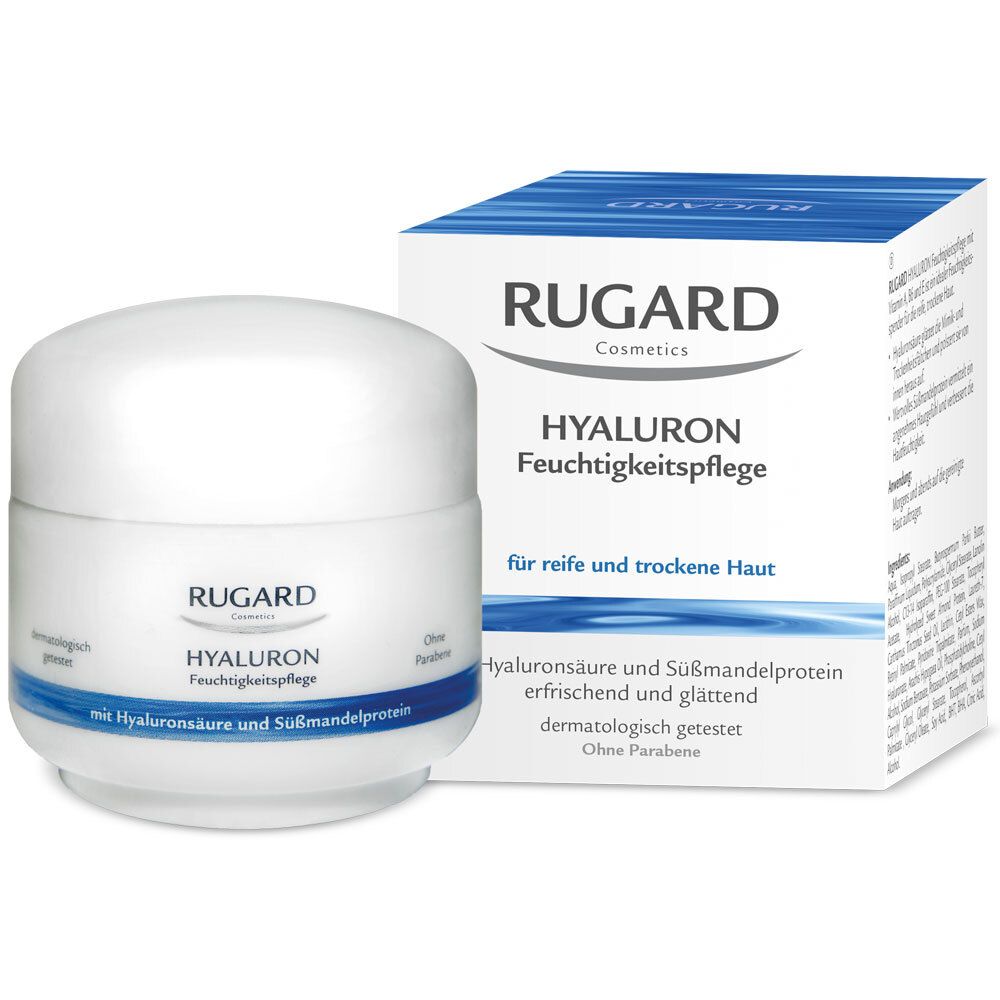 Pot blanc et boîte avec "RUGARD Hyaluron Feuchtigkeitspflege". Texte en allemand. Produit pour peau sèche.