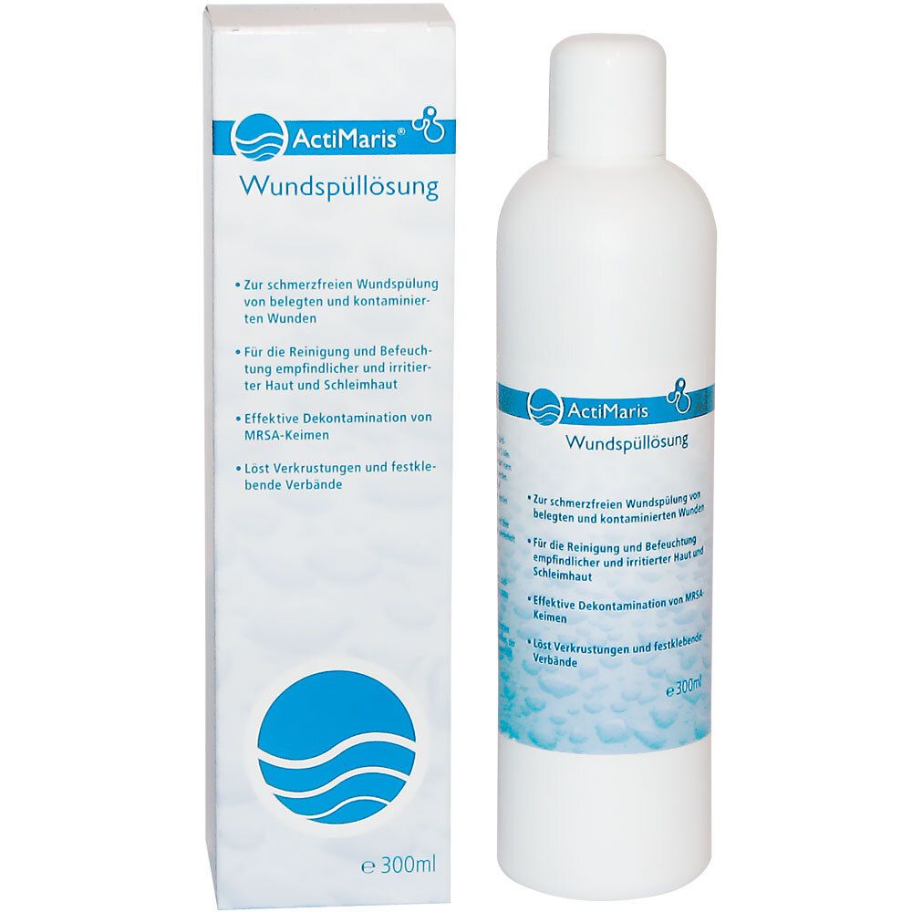 Witte fles en doos met blauwe tekst. Opschrift: ActiMaris Wundspüllösung. Product voor wondreiniging.