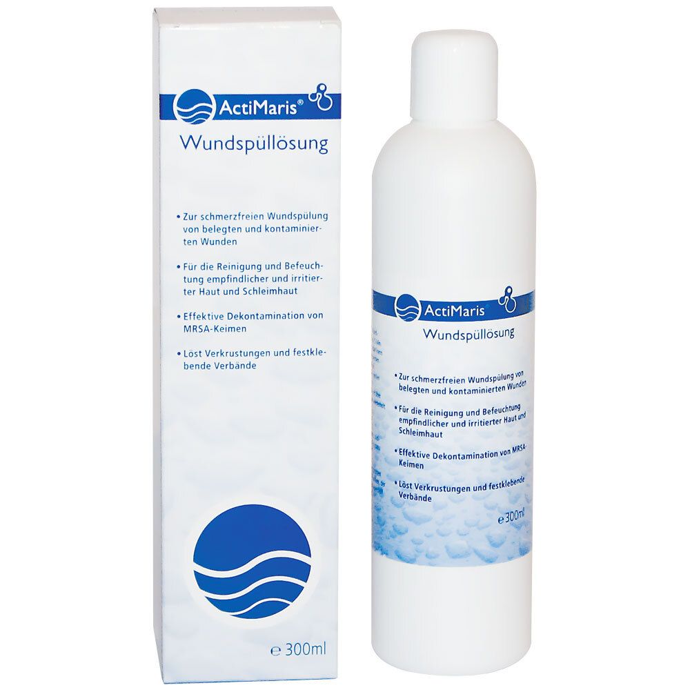 Flacon et boîte blancs avec texte bleu. Inscription : ActiMaris Wundspüllösung. 300ml.